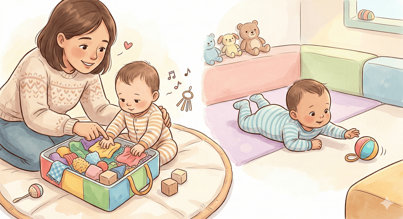 Infant playing with colorful toys